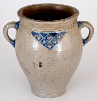 Early Manhattan Vertical-Handled Stoneware Jar w/ Impressed Designs, probably Crolius Family