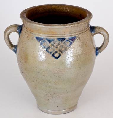 Early Manhattan Vertical-Handled Stoneware Jar w/ Impressed Designs, probably Crolius Family