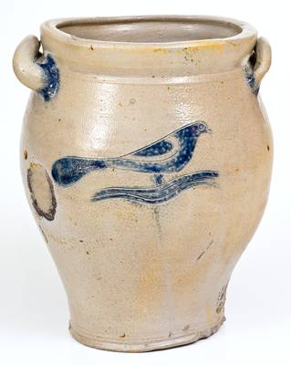 Very Fine Stoneware Jar with Incised Two-Sided Bird Decoration, Manhattan or New Jersey origin, c1800