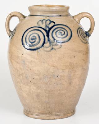 Exceptional 3 Gal. Vertical-Handled Stoneware Jar w/ Watchspring Design, 18th century NYC or NJ