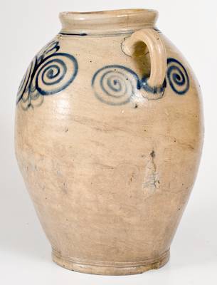 Exceptional 3 Gal. Vertical-Handled Stoneware Jar w/ Watchspring Design, 18th century NYC or NJ