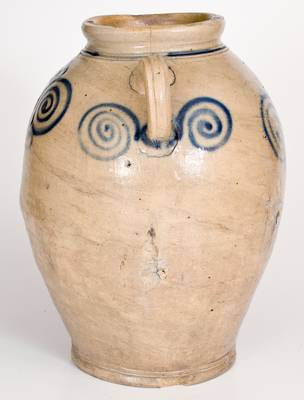 Exceptional 3 Gal. Vertical-Handled Stoneware Jar w/ Watchspring Design, 18th century NYC or NJ