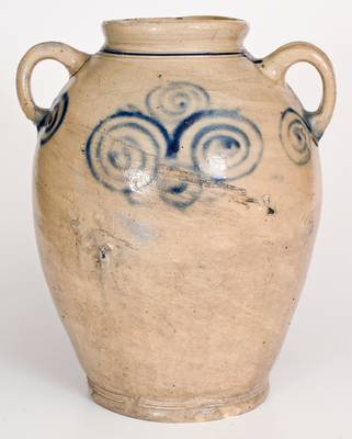 Exceptional 3 Gal. Vertical-Handled Stoneware Jar w/ Watchspring Design, 18th century NYC or NJ
