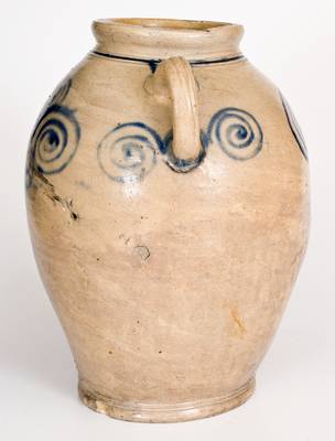 Exceptional 3 Gal. Vertical-Handled Stoneware Jar w/ Watchspring Design, 18th century NYC or NJ