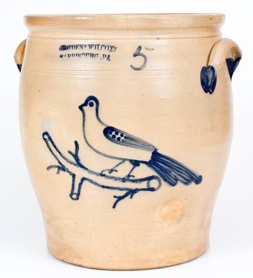 Exceptional 5 Gal. COWDEN & WILCOX / HARRISBURG, PA Stoneware Jar with Bird-on-Branch Design