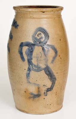 Rare 4 Gal. Ohio Stoneware Churn with Dancing Man Decoration