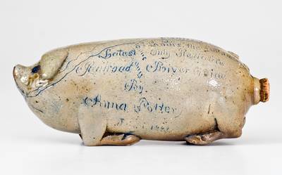 Rare Anna Pottery Salt-Glazed New Year's Day Pig Bottle, 1886