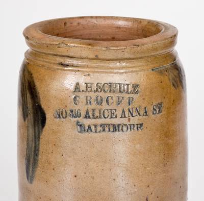 Rare 1/2 Gal. Baltimore, MD Stoneware Advertising Jar (Fells Point Address)