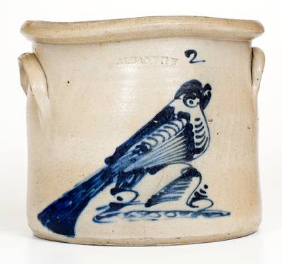 Rare ALBANY, NY Stoneware Crock with Bold Cobalt Bird Decoration