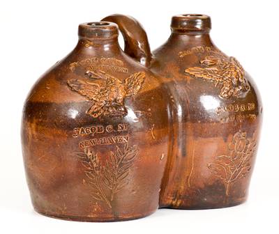 Extremely Rare JACOB CONE / NEW HAVEN Stoneware Gemel with Applied Eagles