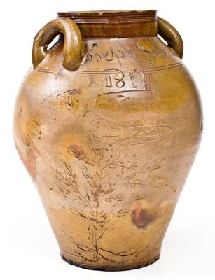 Exceedingly Rare and Important BOSTON Joseph Snow / 1817 Stoneware Jar w/ Elaborate Incised Bird and Tree
