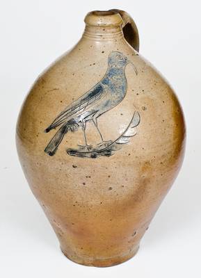 Outstanding and Rare Manhattan Stoneware Jug w/ Incised Bird Decoration, possibly Crolius family