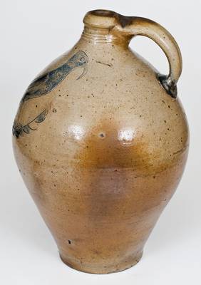 Outstanding and Rare Manhattan Stoneware Jug w/ Incised Bird Decoration, possibly Crolius family