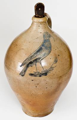 Outstanding and Rare Manhattan Stoneware Jug w/ Incised Bird Decoration, possibly Crolius family