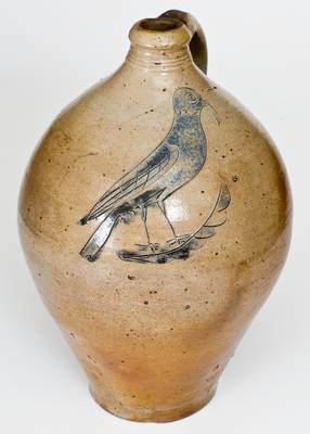 Outstanding and Rare Manhattan Stoneware Jug w/ Incised Bird Decoration, possibly Crolius family