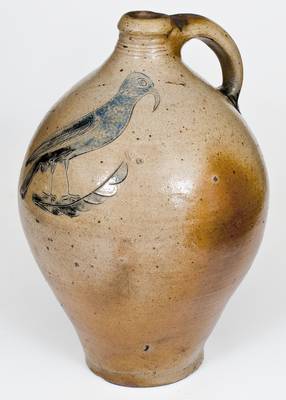 Outstanding and Rare Manhattan Stoneware Jug w/ Incised Bird Decoration, possibly Crolius family