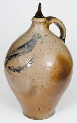 Outstanding and Rare Manhattan Stoneware Jug w/ Incised Bird Decoration, possibly Crolius family