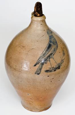 Outstanding and Rare Manhattan Stoneware Jug w/ Incised Bird Decoration, possibly Crolius family
