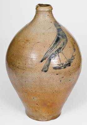 Outstanding and Rare Manhattan Stoneware Jug w/ Incised Bird Decoration, possibly Crolius family