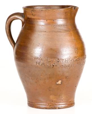Very Rare PAUL CUSHMAN / 1809 Stoneware Pitcher with Two-Line 