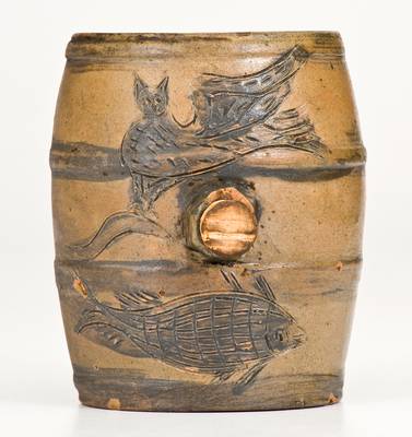 Very Rare and Important Small-Sized Stoneware Keg w/ Incised Owl and Fish Decoration, Albany, NY, c1810-15
