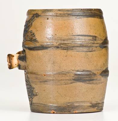 Very Rare and Important Small-Sized Stoneware Keg w/ Incised Owl and Fish Decoration, Albany, NY, c1810-15