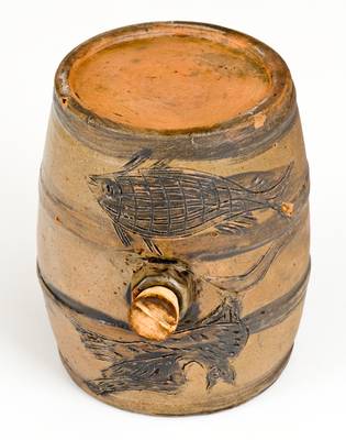 Very Rare and Important Small-Sized Stoneware Keg w/ Incised Owl and Fish Decoration, Albany, NY, c1810-15