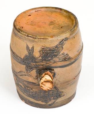 Very Rare and Important Small-Sized Stoneware Keg w/ Incised Owl and Fish Decoration, Albany, NY, c1810-15