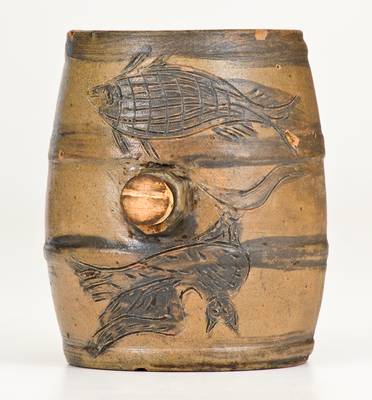 Very Rare and Important Small-Sized Stoneware Keg w/ Incised Owl and Fish Decoration, Albany, NY, c1810-15