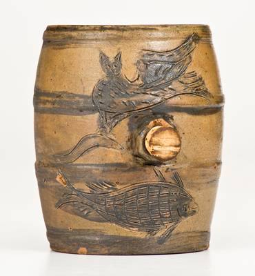 Very Rare and Important Small-Sized Stoneware Keg w/ Incised Owl and Fish Decoration, Albany, NY, c1810-15