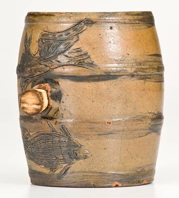 Very Rare and Important Small-Sized Stoneware Keg w/ Incised Owl and Fish Decoration, Albany, NY, c1810-15