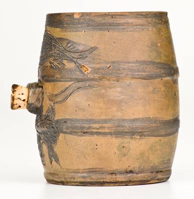 Very Rare and Important Small-Sized Stoneware Keg w/ Incised Owl and Fish Decoration, Albany, NY, c1810-15