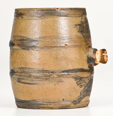Very Rare and Important Small-Sized Stoneware Keg w/ Incised Owl and Fish Decoration, Albany, NY, c1810-15