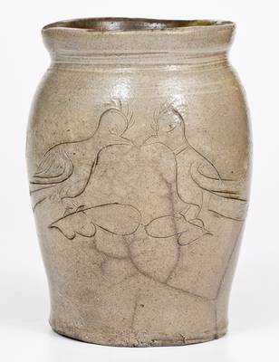Rare Small Stoneware Jar w/ Incised Birds, Dated 1821, Northeastern U.S. or possibly Southern