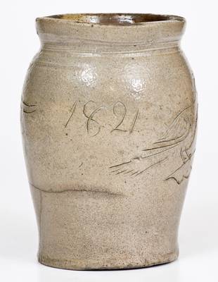 Rare Small Stoneware Jar w/ Incised Birds, Dated 1821, Northeastern U.S. or possibly Southern