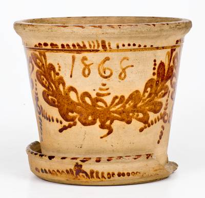 Rare Fort Edward, New York Stoneware Flowerpot with Profuse Brown Decoration Dated "1868"