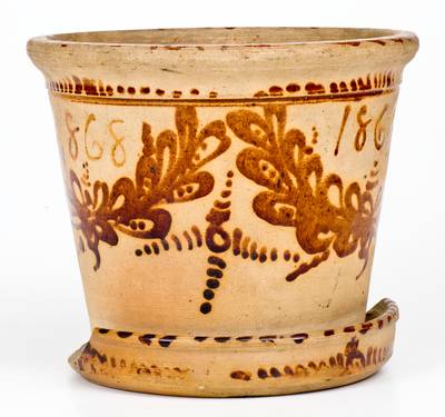 Rare Fort Edward, New York Stoneware Flowerpot with Profuse Brown Decoration Dated "1868"