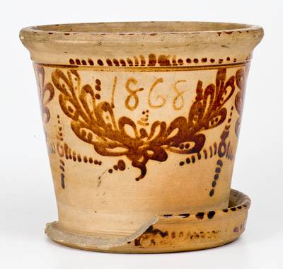 Rare Fort Edward, New York Stoneware Flowerpot with Profuse Brown Decoration Dated "1868"