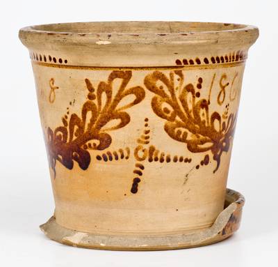 Rare Fort Edward, New York Stoneware Flowerpot with Profuse Brown Decoration Dated "1868"
