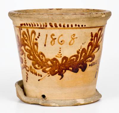 Rare Fort Edward, New York Stoneware Flowerpot with Profuse Brown Decoration Dated "1868"