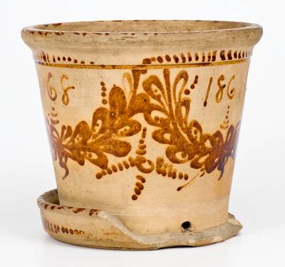 Rare Fort Edward, New York Stoneware Flowerpot with Profuse Brown Decoration Dated "1868"