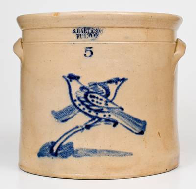 Scarce 5 Gal. S. HART & SON / FULTON Stoneware Crock with Double Bird Decoration