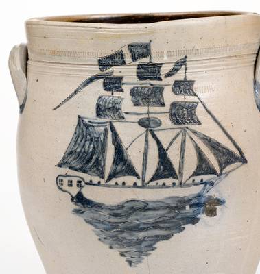 Exceptional New Jersey Stoneware Jar with Elaborate Incised Ship Decoration