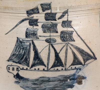 Exceptional New Jersey Stoneware Jar with Elaborate Incised Ship Decoration