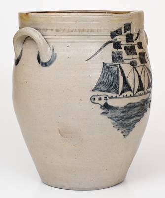 Exceptional New Jersey Stoneware Jar with Elaborate Incised Ship Decoration