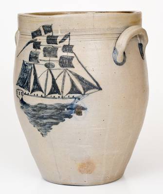 Exceptional New Jersey Stoneware Jar with Elaborate Incised Ship Decoration