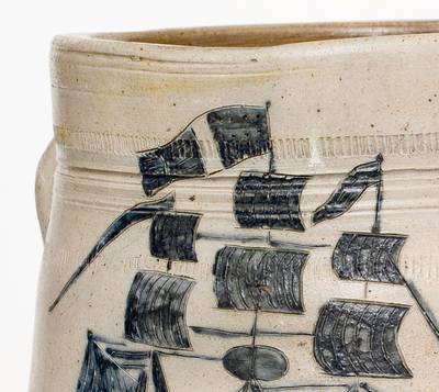 Exceptional New Jersey Stoneware Jar with Elaborate Incised Ship Decoration