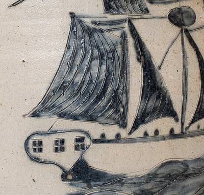 Exceptional New Jersey Stoneware Jar with Elaborate Incised Ship Decoration