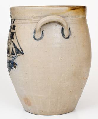 Exceptional New Jersey Stoneware Jar with Elaborate Incised Ship Decoration