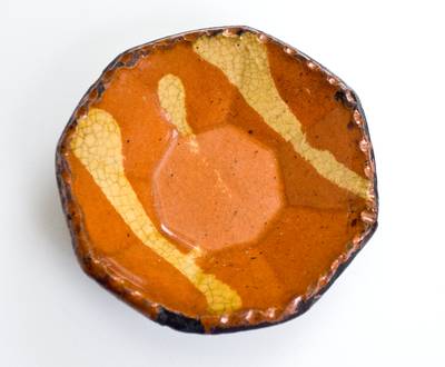 Outstanding Miniature Octagonal Redware Dish with Yellow Slip Decoration, Philadelphia origin